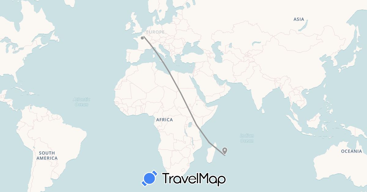 TravelMap itinerary: driving, plane, boat in France, Kenya, Réunion, Mayotte (Africa, Europe)